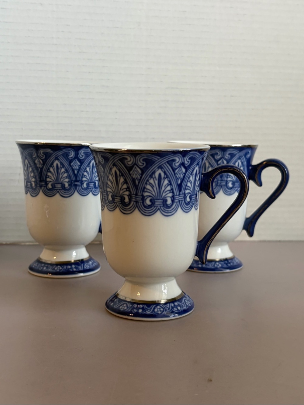Bombay Porcelain Pedestal Mugs — Classic Decorative Band (Set of 3)
